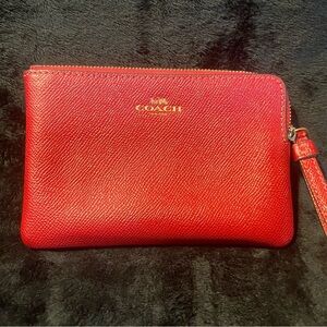 Coach Red Leather Corner Zip Wristlet Pouch with Gold Logo